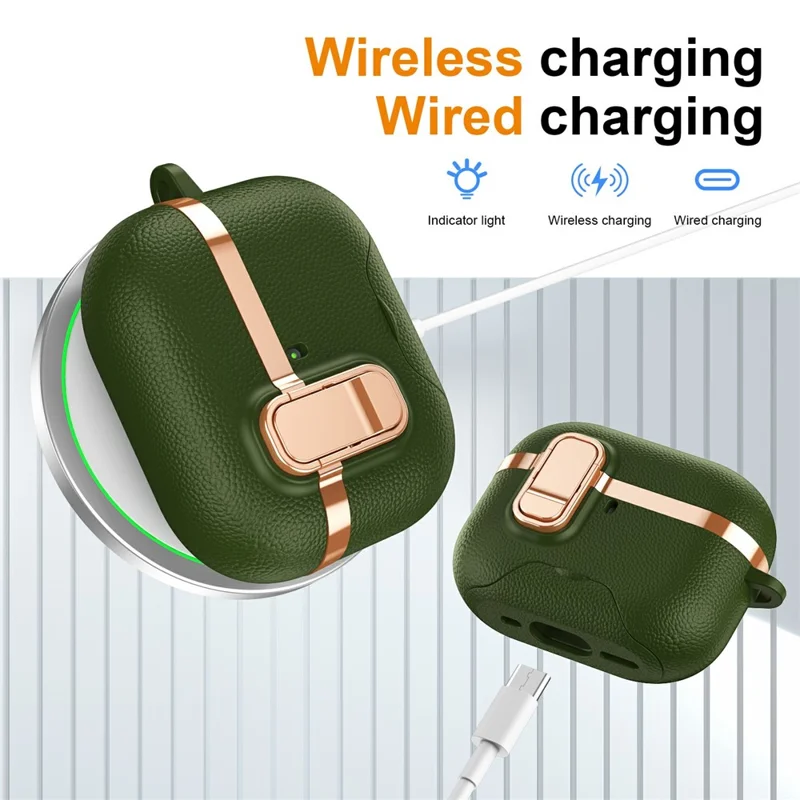 For AirPods Pro 3 Case Foldable Stand Electroplated Litchi Texture TPU PC Earbuds Cover with Switch  /  Carabiner - Green