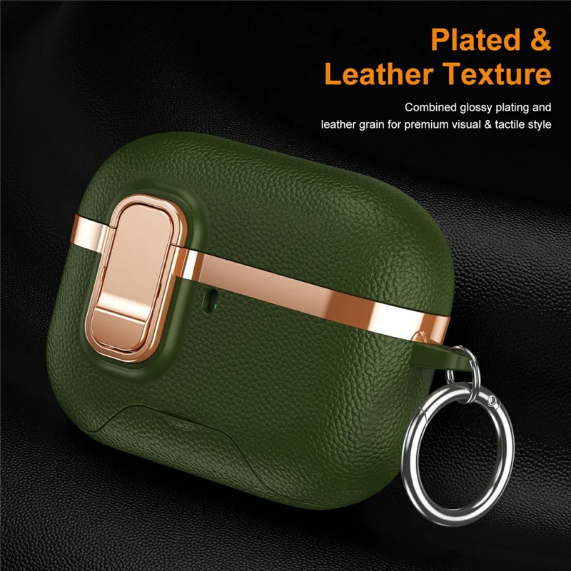 For AirPods Pro 3 Case Foldable Stand Electroplated Litchi Texture TPU PC Earbuds Cover with Switch  /  Carabiner - Green