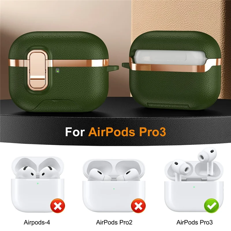 For AirPods Pro 3 Case Foldable Stand Electroplated Litchi Texture TPU PC Earbuds Cover with Switch  /  Carabiner - Green
