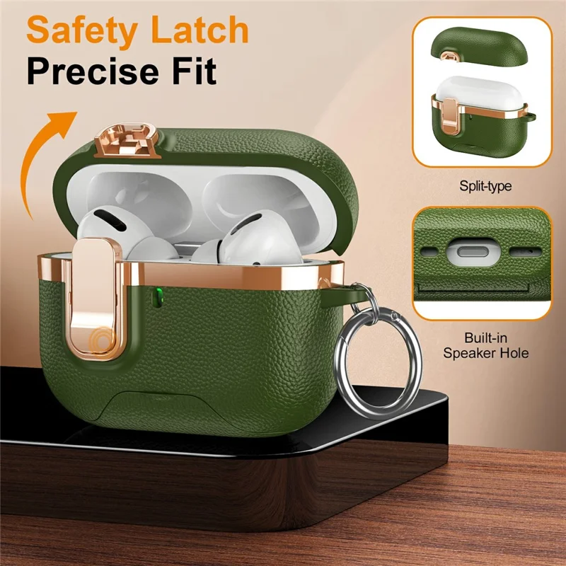 For AirPods Pro 3 Case Foldable Stand Electroplated Litchi Texture TPU PC Earbuds Cover with Switch  /  Carabiner - Green