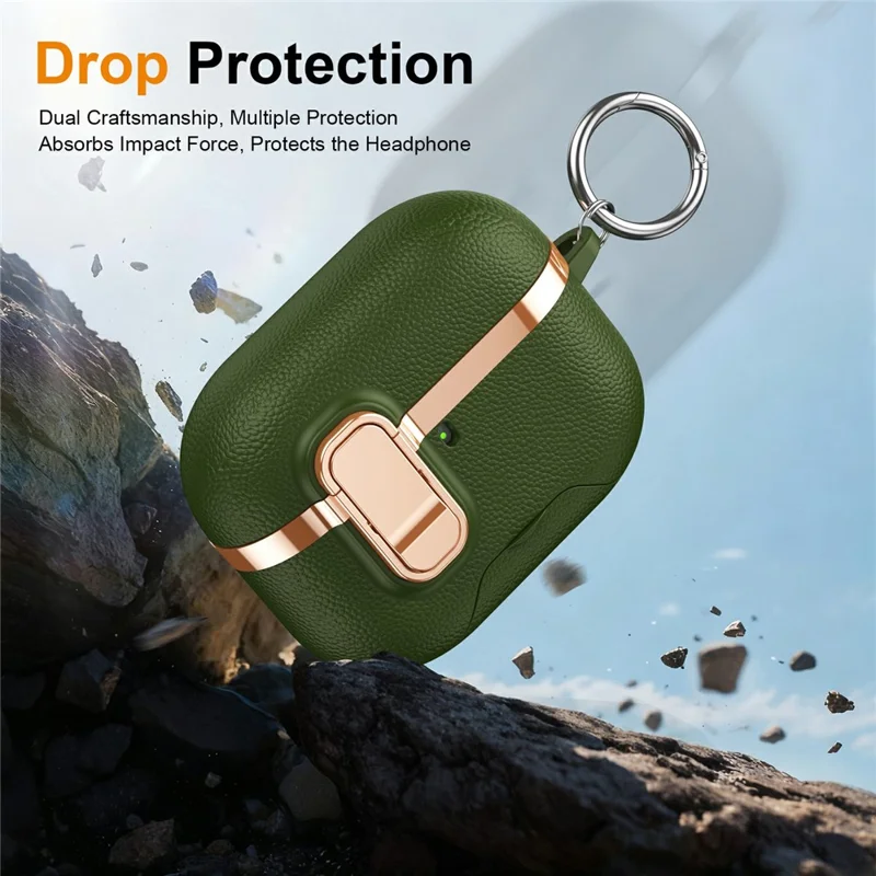 For AirPods Pro 3 Case Foldable Stand Electroplated Litchi Texture TPU PC Earbuds Cover with Switch  /  Carabiner - Green
