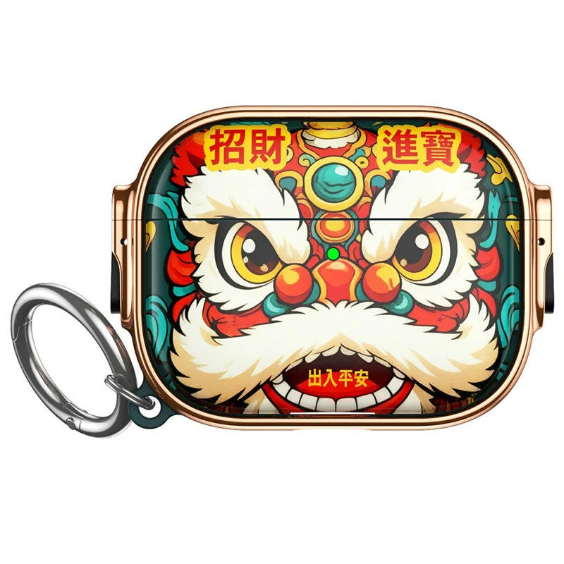 For AirPods Pro 2 Case Lion Head Fortune Painted Electroplated TPU PC Earbuds Cover with Switch  /  Carabiner
