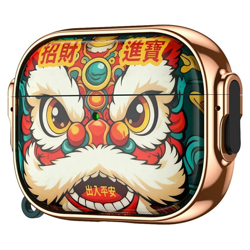 For AirPods Pro 2 Case Lion Head Fortune Painted Electroplated TPU PC Earbuds Cover with Switch  /  Carabiner