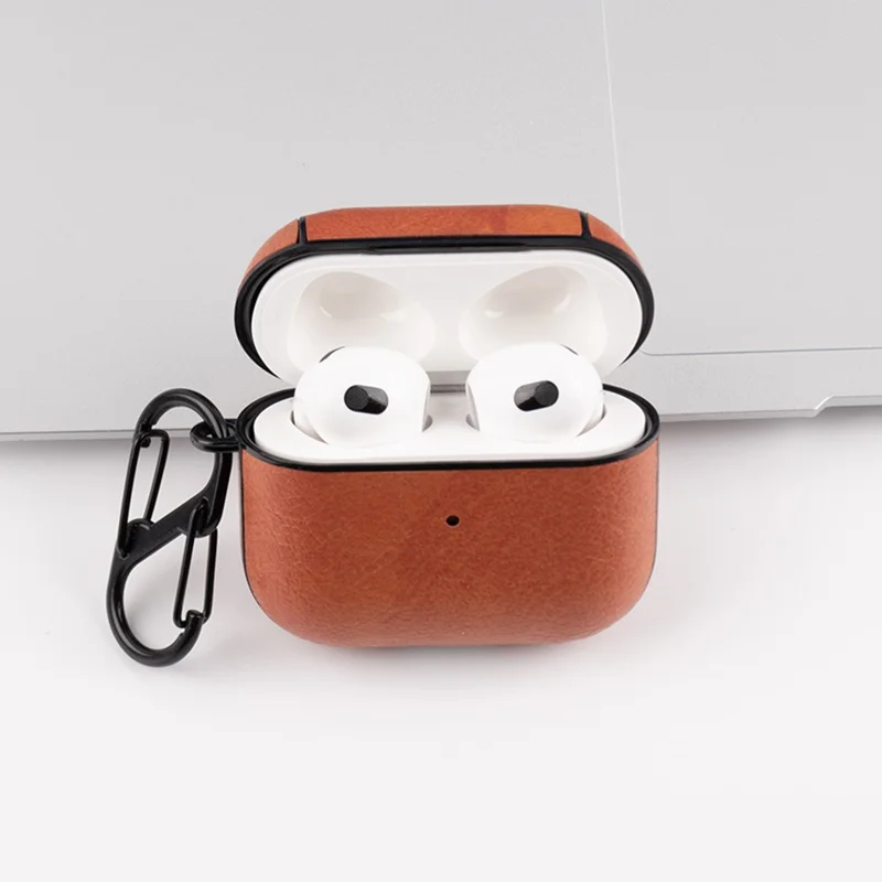 PU Leather Coated PC Protective Case Anti-fall Earphone Cover with Anti-loss Hook for Apple AirPods 3 - Black