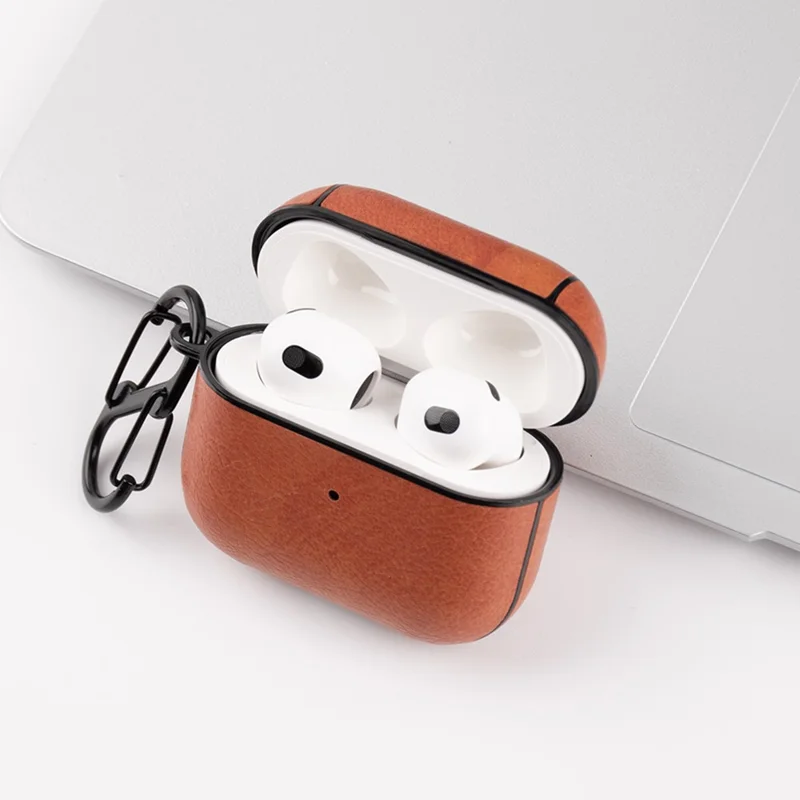 PU Leather Coated PC Protective Case Anti-fall Earphone Cover with Anti-loss Hook for Apple AirPods 3 - Blue