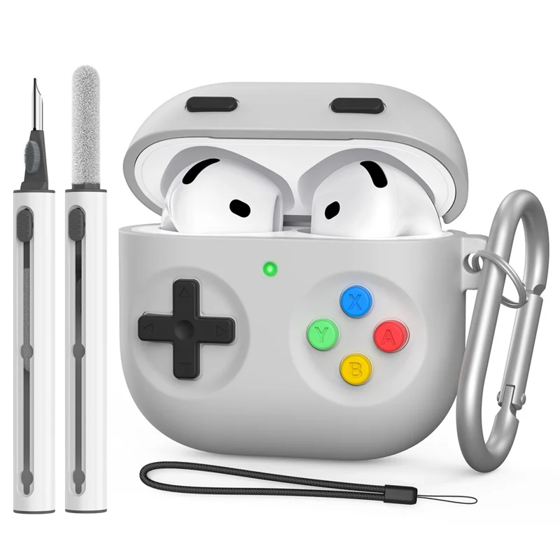 AHASTYLE DD10 For AirPods 4 Silicone Case Game Controller Design Protective Cover with Cleaning Pen  /  Carabiner  /  Lanyard - Light Grey