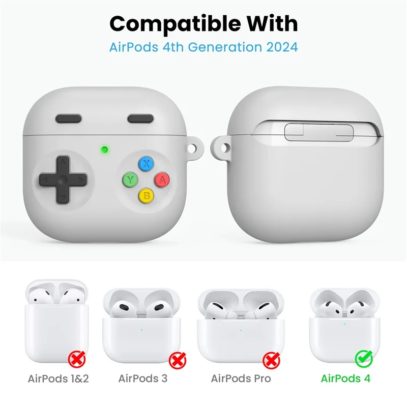 AHASTYLE DD10 For AirPods 4 Silicone Case Game Controller Design Protective Cover with Cleaning Pen  /  Carabiner  /  Lanyard - Light Grey