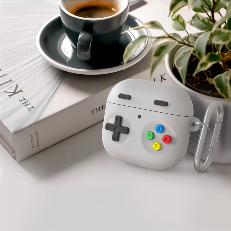 AHASTYLE DD10 For AirPods 4 Silicone Case Game Controller Design Protective Cover with Cleaning Pen  /  Carabiner  /  Lanyard - Light Grey