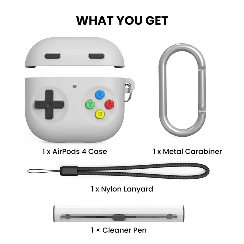 AHASTYLE DD10 For AirPods 4 Silicone Case Game Controller Design Protective Cover with Cleaning Pen  /  Carabiner  /  Lanyard - Light Grey