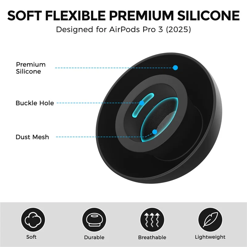 AHASTYLE WG187 6 Pcs For AirPods Pro 3 Silicone Ear Tips Soft Flexible Premium Noise Control Earphone Caps - Black