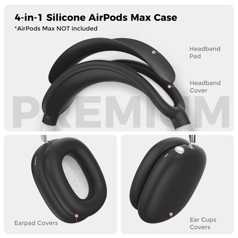 AHASTYLE WG135 For AirPods Max 4 in 1 Silicone Case Set Headband Pad Headband Cover Earpad Covers Ear Cups Covers - Black