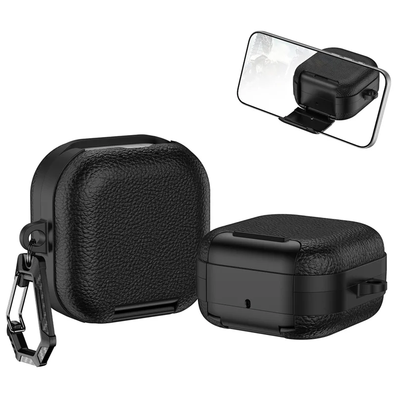 For Samsung Galaxy Buds4  /  Buds4 Pro Protective Case with Stand Litchi Texture TPU + PC Earphone Cover with Lock and Carabiner - Black