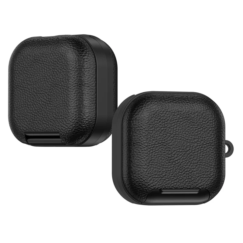 For Samsung Galaxy Buds4  /  Buds4 Pro Protective Case with Stand Litchi Texture TPU + PC Earphone Cover with Lock and Carabiner - Black