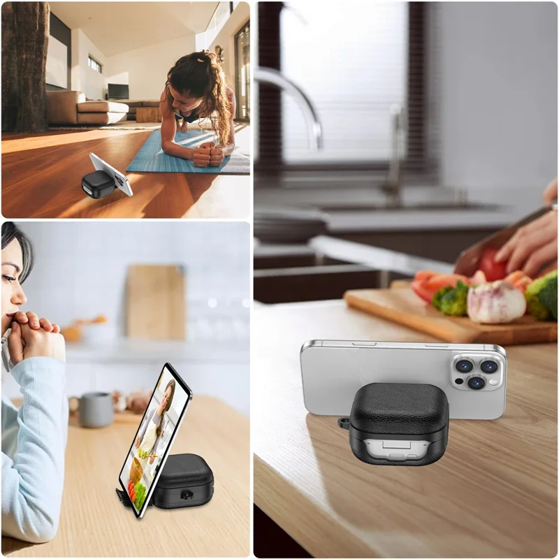 For Samsung Galaxy Buds4  /  Buds4 Pro Protective Case with Stand Litchi Texture TPU + PC Earphone Cover with Lock and Carabiner - Black