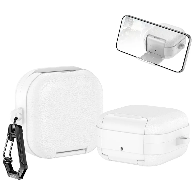 For Samsung Galaxy Buds4  /  Buds4 Pro Protective Case with Stand Litchi Texture TPU + PC Earphone Cover with Lock and Carabiner - White