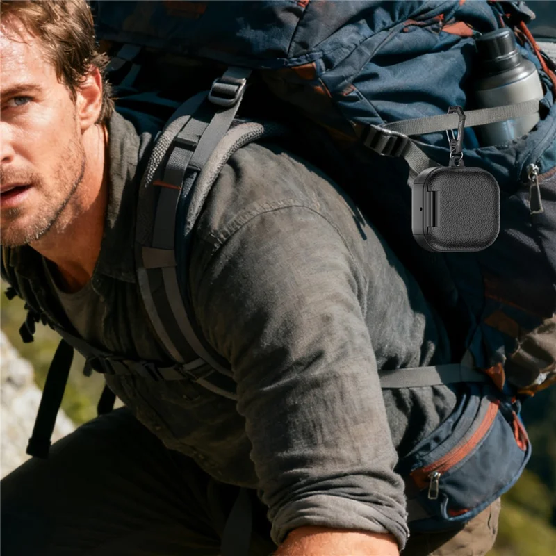 For Samsung Galaxy Buds4  /  Buds4 Pro Protective Case with Stand Litchi Texture TPU + PC Earphone Cover with Lock and Carabiner - White