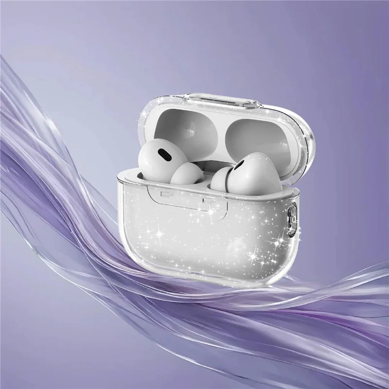 Capa para Apple AirPods Pro Transparente Brilhante TPU PC Capa à Prova de Choques com Botão de Bloqueio - Transparente com Brilhos