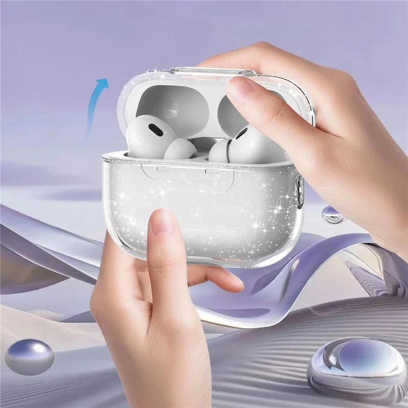 Capa para AirPods Pro 3 Transparente Brilhante TPU PC Capa à Prova de Choque com Botão de Bloqueio - Transparente com Brilhos