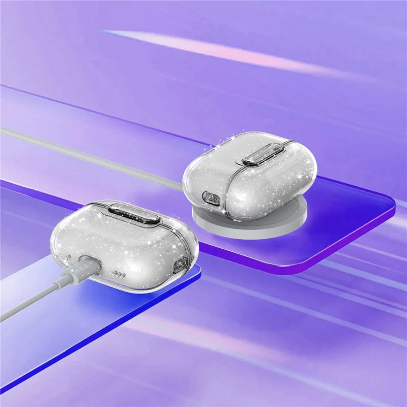 Capa para AirPods Pro 3 Transparente Brilhante TPU PC Capa à Prova de Choque com Botão de Bloqueio - Transparente com Brilhos