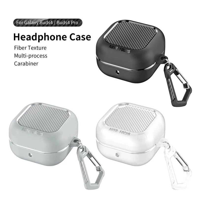Capa para Samsung Galaxy Buds4 / Buds4 Pro com Textura de Fibra de Carbono, Capa Protetora em TPU com Gancho - Preto