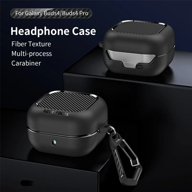 Capa para Samsung Galaxy Buds4 / Buds4 Pro com Textura de Fibra de Carbono, Capa Protetora em TPU com Gancho - Preto