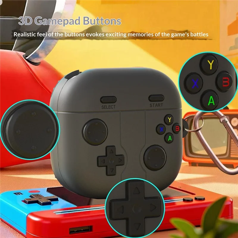 For Samsung Galaxy Buds4 / Buds4 Pro Silicone Case Retro Gamepad Style Earphone Protective Cover with Carabiner - Dark Grey
