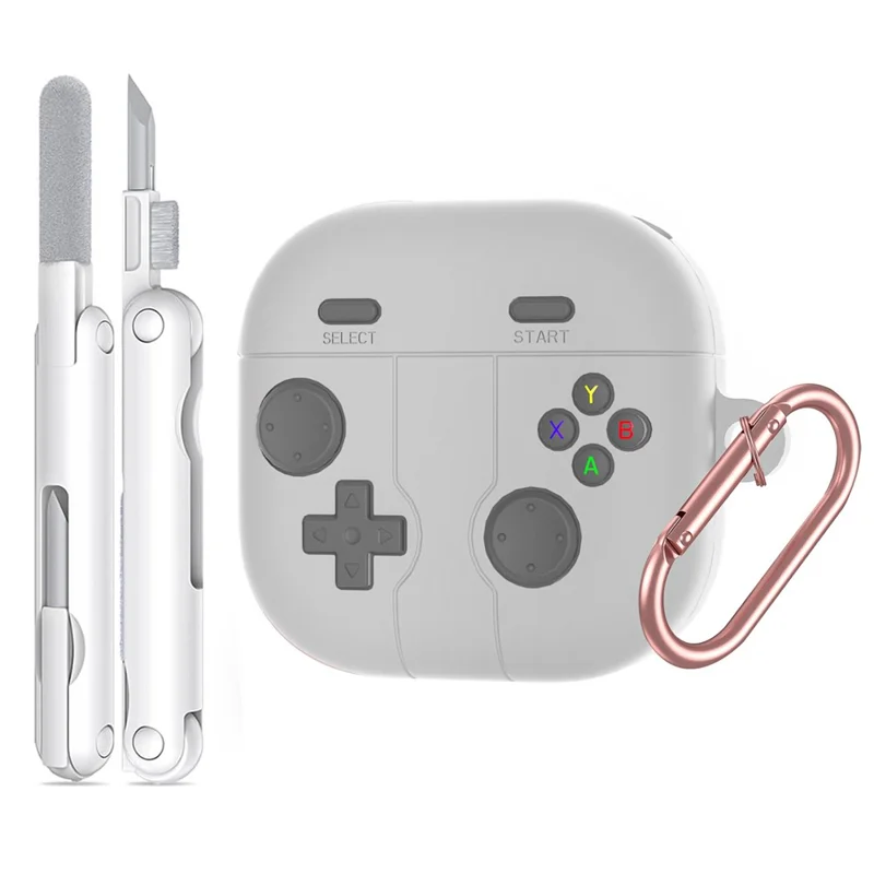 For Samsung Galaxy Buds4 / Buds4 Pro Silicone Case Retro Gamepad Style Earphone Protective Cover with Carabiner / Cleaning Pen - Grey