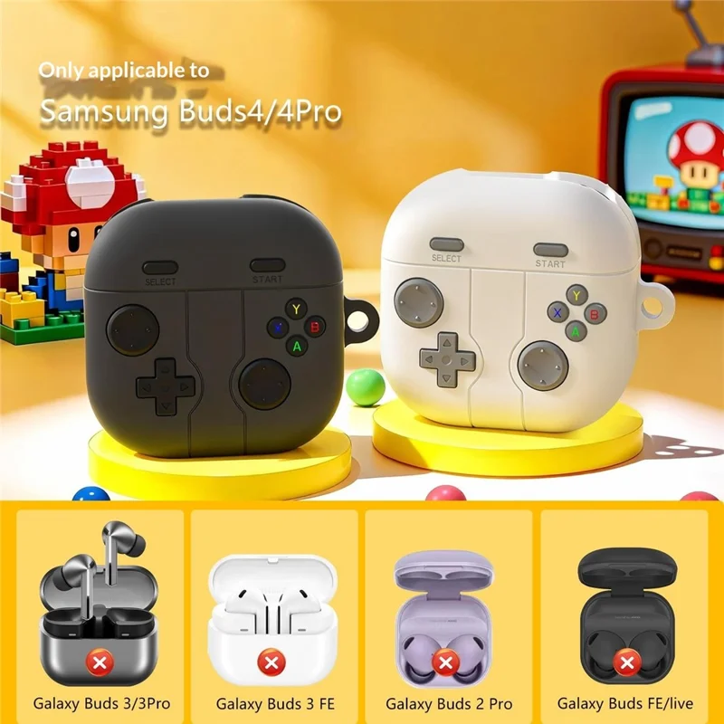 For Samsung Galaxy Buds4 / Buds4 Pro Silicone Case Retro Gamepad Style Earphone Protective Cover with Carabiner / Cleaning Pen - Grey