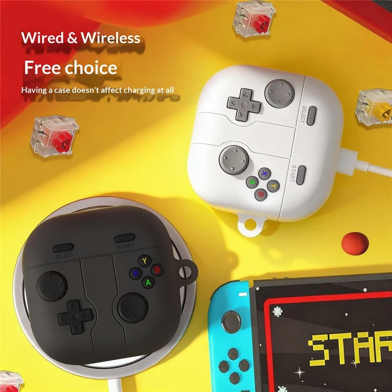 For Samsung Galaxy Buds4 / Buds4 Pro Silicone Case Retro Gamepad Style Earphone Protective Cover with Carabiner / Cleaning Pen - Grey