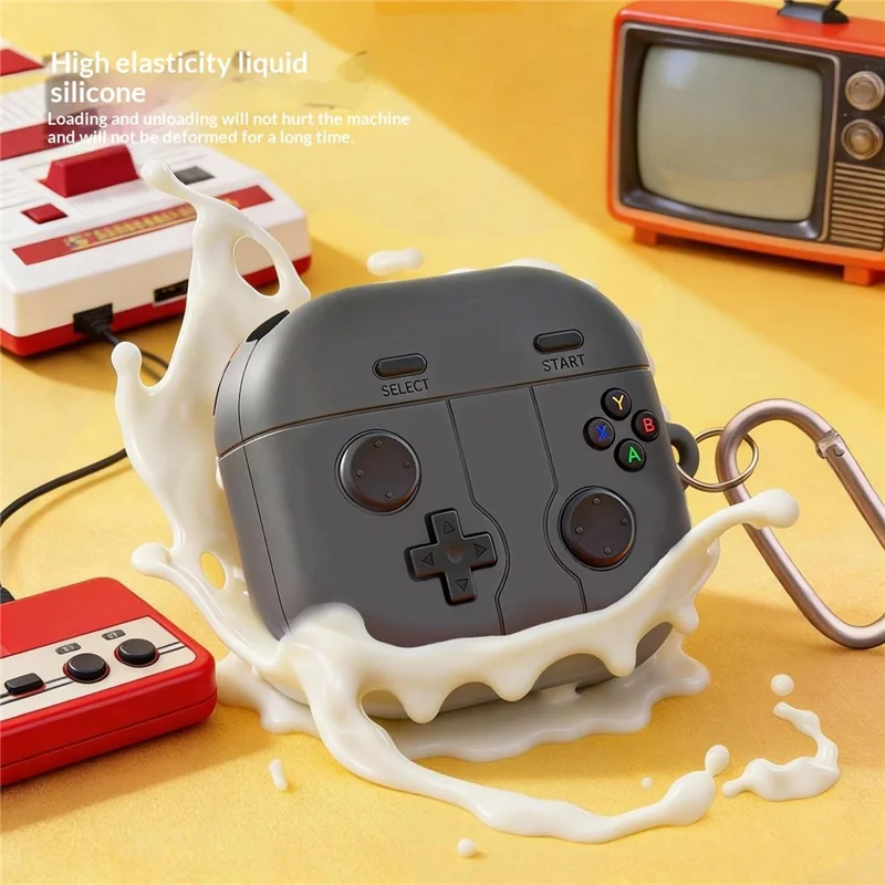 For Samsung Galaxy Buds4 / Buds4 Pro Silicone Case Retro Gamepad Style Earphone Protective Cover with Carabiner / Cleaning Pen - Grey