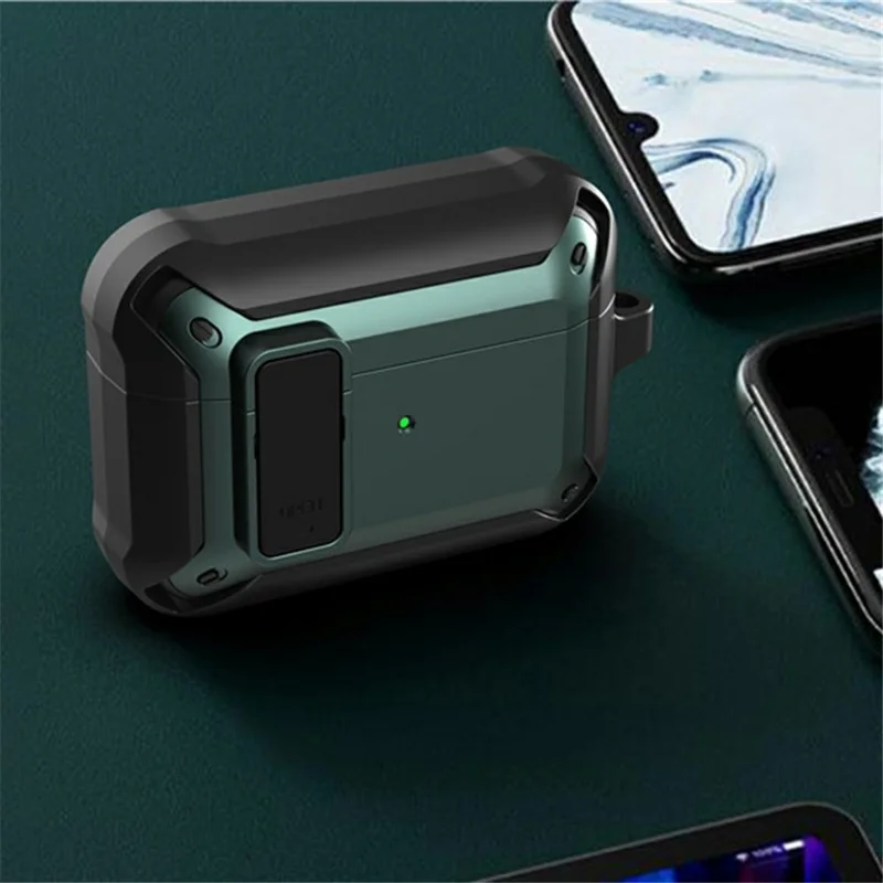Armor Secure Lock Series PC + TPU Case Soft Silicone Cool Cover Shockproof Protective Case with Carabiner for AirPods 3 - Black/Blue