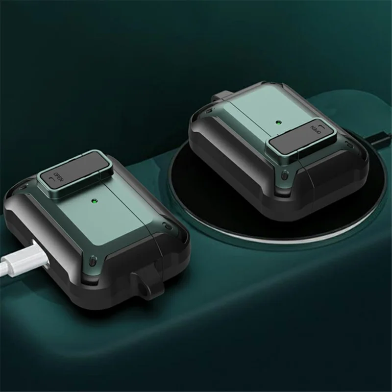 Armor Secure Lock Series PC + TPU Case Soft Silicone Cool Cover Shockproof Protective Case with Carabiner for AirPods 3 - Black/Blue