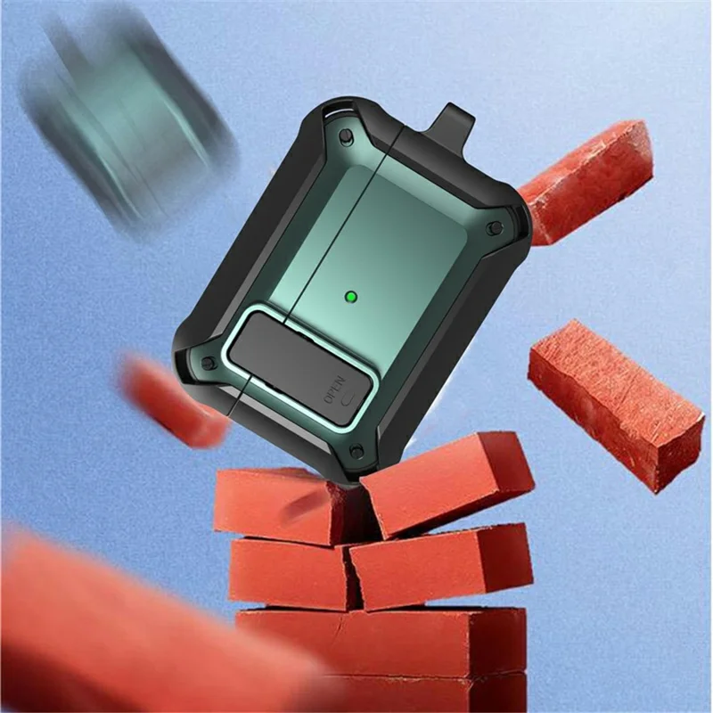 Armor Secure Lock Series PC + TPU Case Soft Silicone Cool Cover Shockproof Protective Case with Carabiner for AirPods 3 - Black/Blue