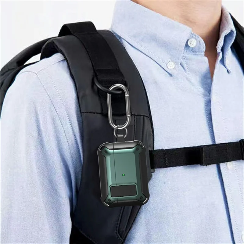 Armor Secure Lock Series PC + TPU Case Soft Silicone Cool Cover Shockproof Protective Case with Carabiner for AirPods 3 - Black/Blue