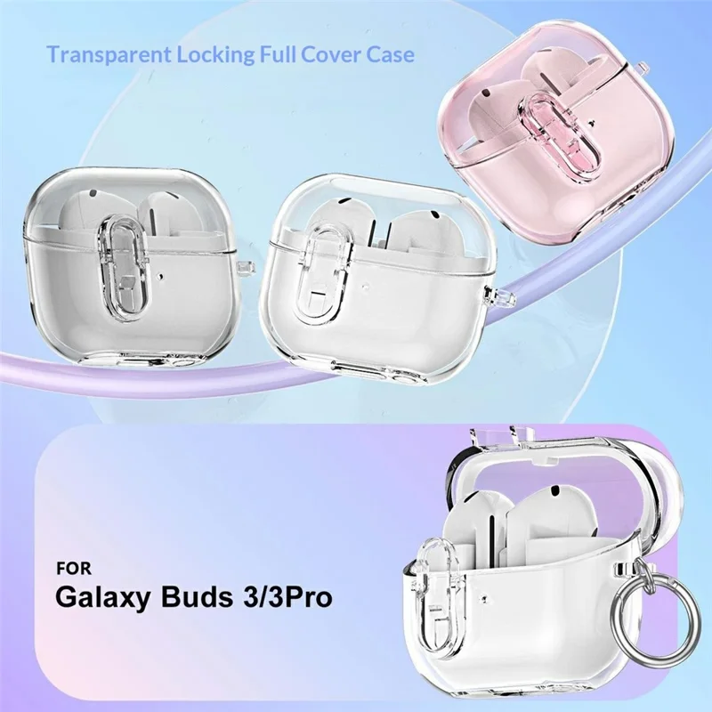 For Samsung Galaxy Buds3 / Buds3 Pro TPU Case Locking Button Clear Earphone Cover with Metal Buckle - Transparent