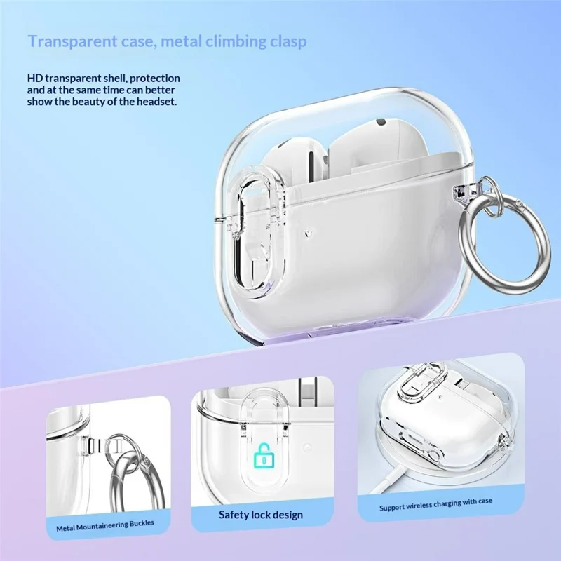 For Samsung Galaxy Buds3 / Buds3 Pro TPU Case Locking Button Clear Earphone Cover with Metal Buckle - Transparent