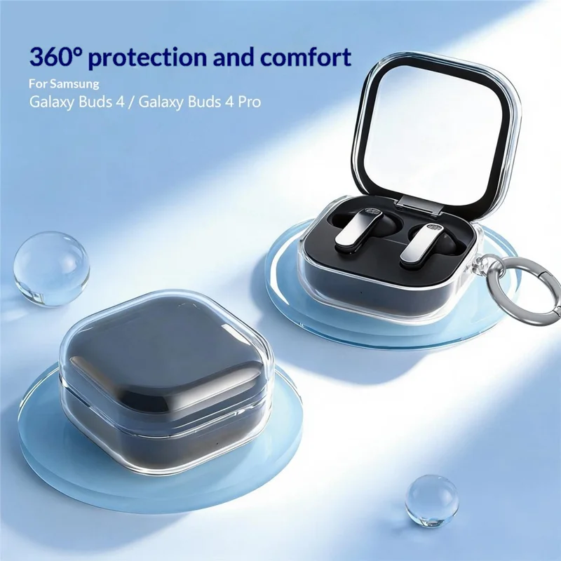 For Samsung Galaxy Buds4 / Buds4 Pro Case Earphone TPU Cover with Metal Hook / Cleaning Pen - Transparent