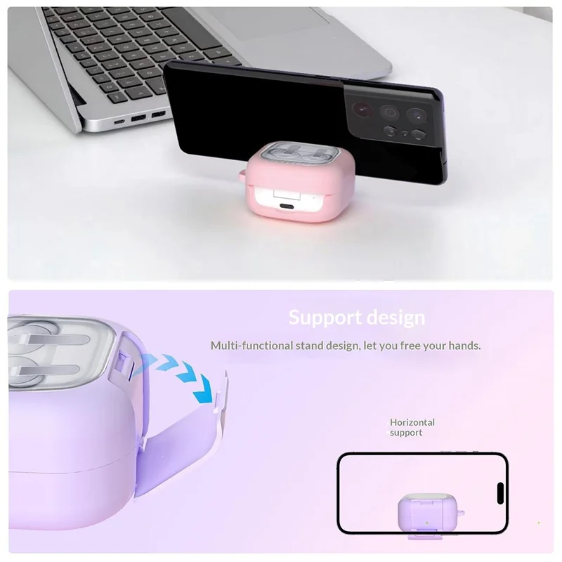 For Samsung Galaxy Buds4 / Buds4 Pro Case Phone Stand Clear PC Earphone Cover with Hanging Buckle - Black