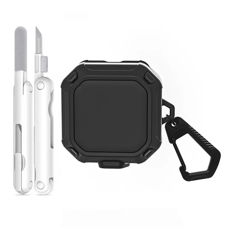 For Samsung Galaxy Buds4 / Buds4 Pro Armor Style Earphone Case with Cleaning Pen / Carabiner TPU PC Rugged Protective Cover - Black