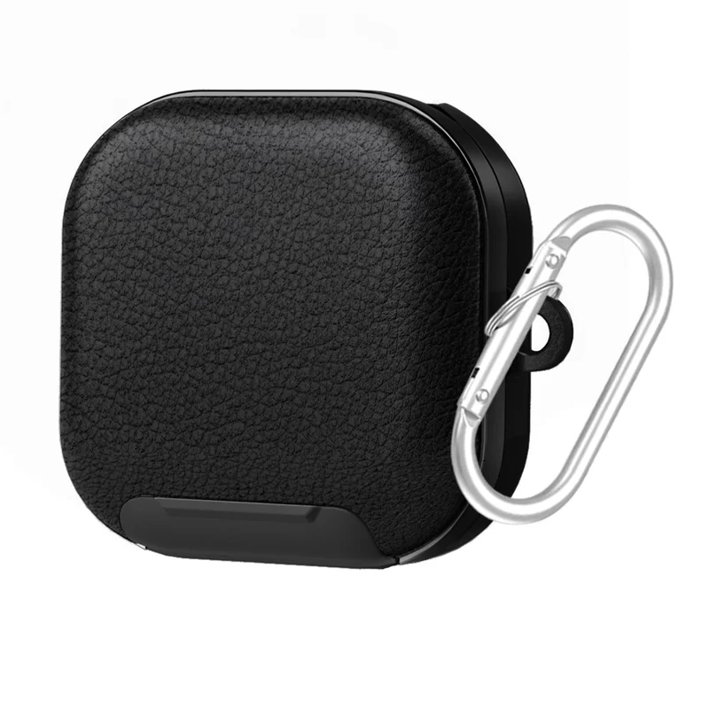 For Samsung Galaxy Buds4 / Buds4 Pro Case Phone Stand PU Leather PC TPU Earphone Cover with Hanging Hook - Black