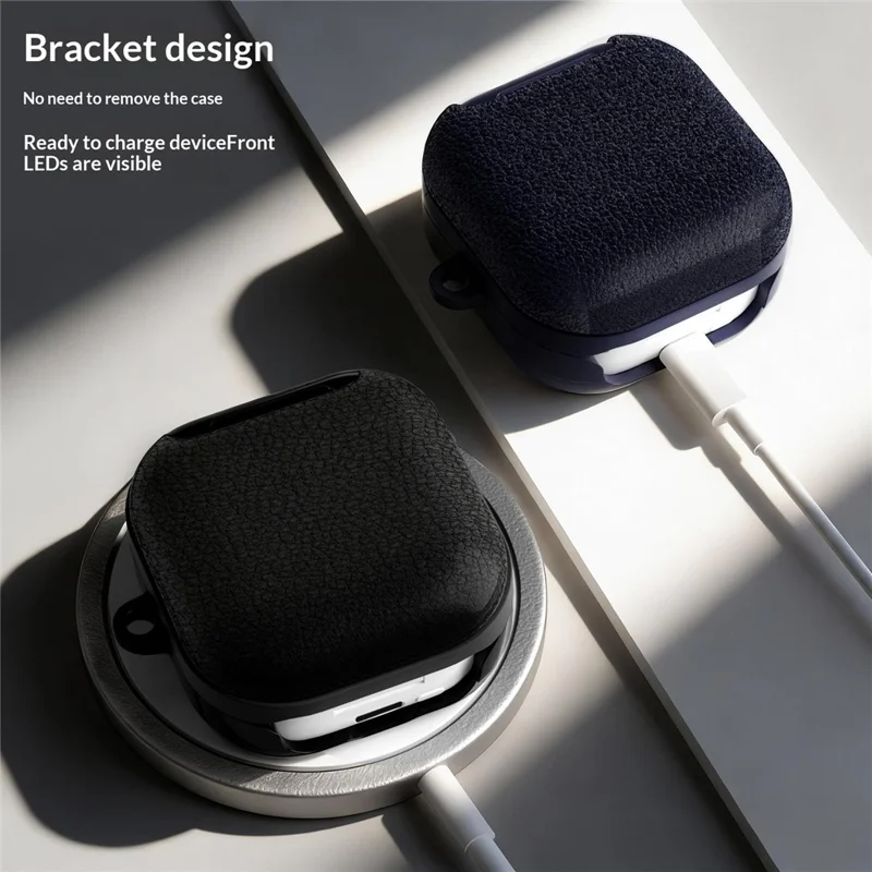 For Samsung Galaxy Buds4 / Buds4 Pro Case Phone Stand PU Leather PC TPU Earphone Cover with Hanging Hook - Black