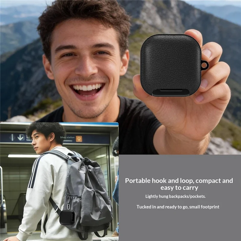 For Samsung Galaxy Buds4 / Buds4 Pro Case Phone Stand PU Leather PC TPU Earphone Cover with Hanging Hook - Black