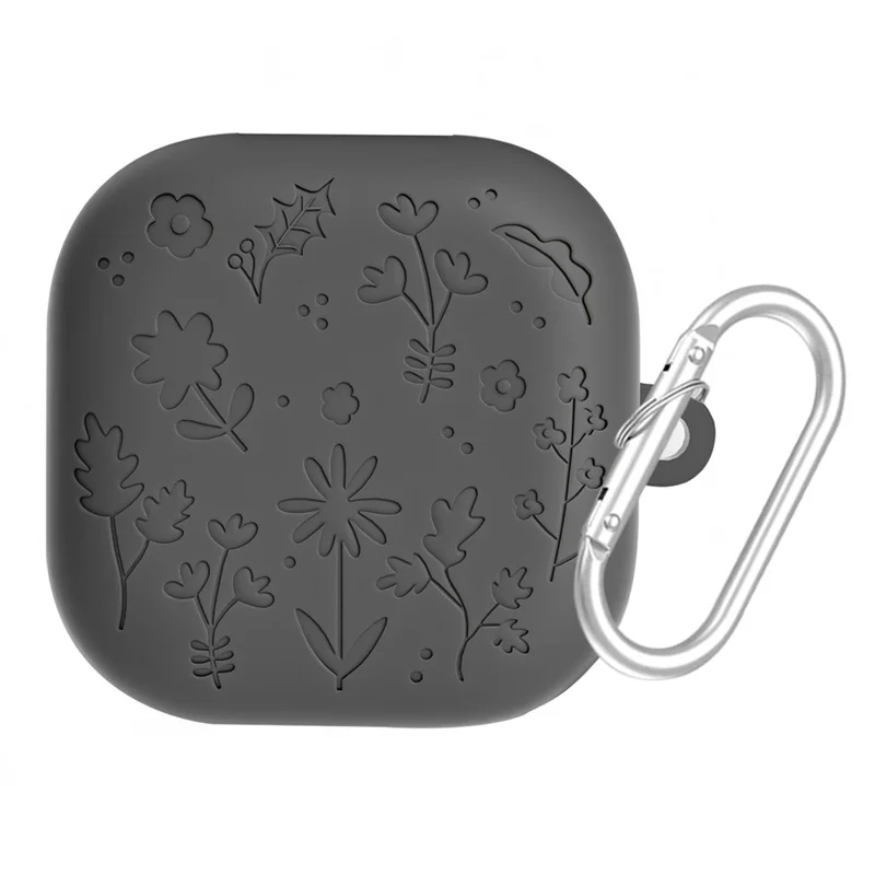 For Samsung Galaxy Buds4 / Buds4 Pro Silicone Case Floral Engraved Earphone Cover with Hanging Hook - Dark Grey