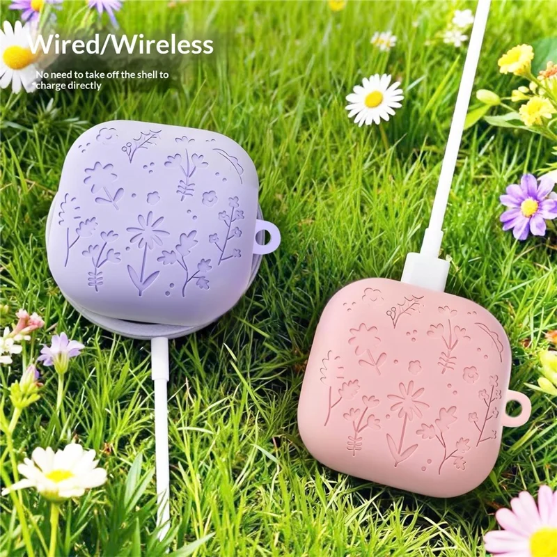 For Samsung Galaxy Buds4 / Buds4 Pro Silicone Case Floral Engraved Earphone Cover with Hanging Hook - Dark Grey