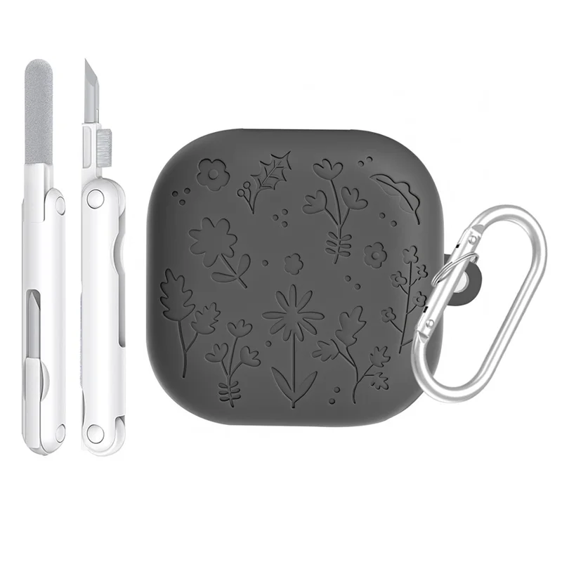 For Samsung Galaxy Buds4 / Buds4 Pro Silicone Case Floral Engraved Earphone Cover with Hanging Hook / Cleaning Pen - Dark Grey