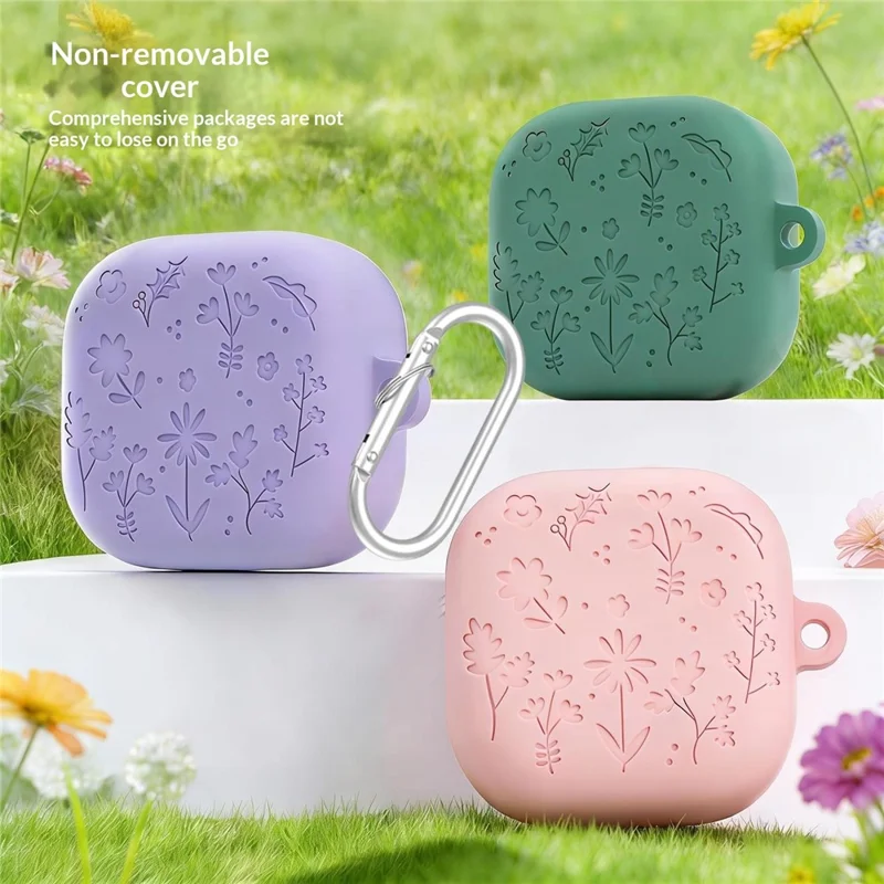 For Samsung Galaxy Buds4 / Buds4 Pro Silicone Case Floral Engraved Earphone Cover with Hanging Hook / Cleaning Pen - Dark Grey