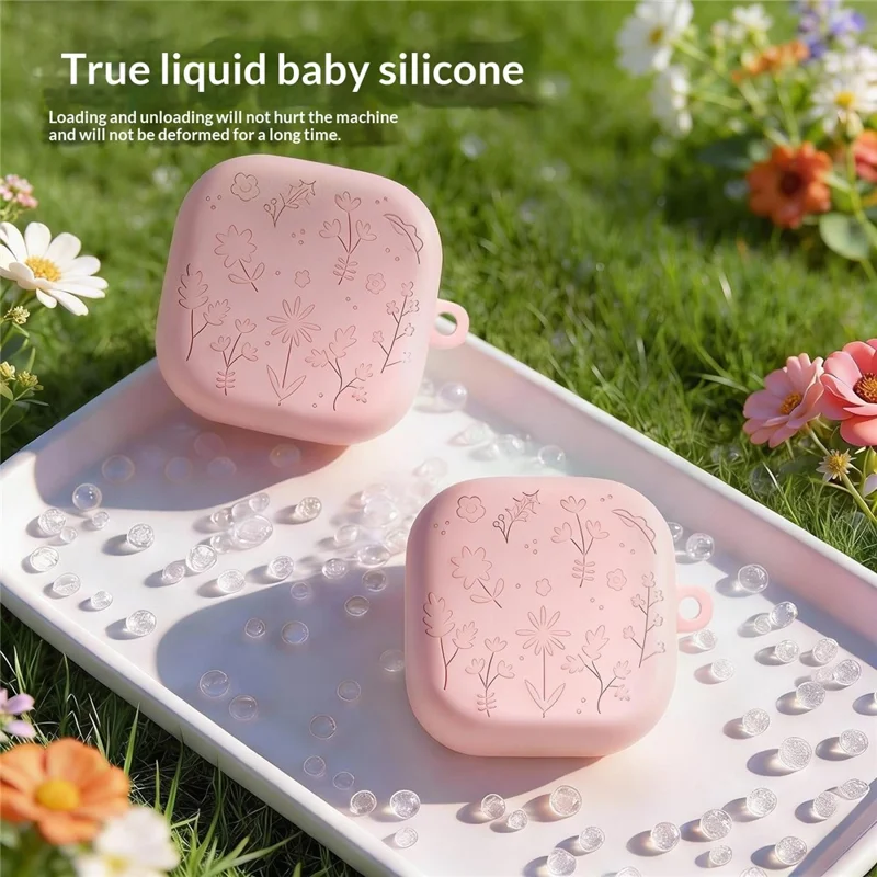 For Samsung Galaxy Buds4 / Buds4 Pro Silicone Case Floral Engraved Earphone Cover with Hanging Hook / Cleaning Pen - Dark Grey