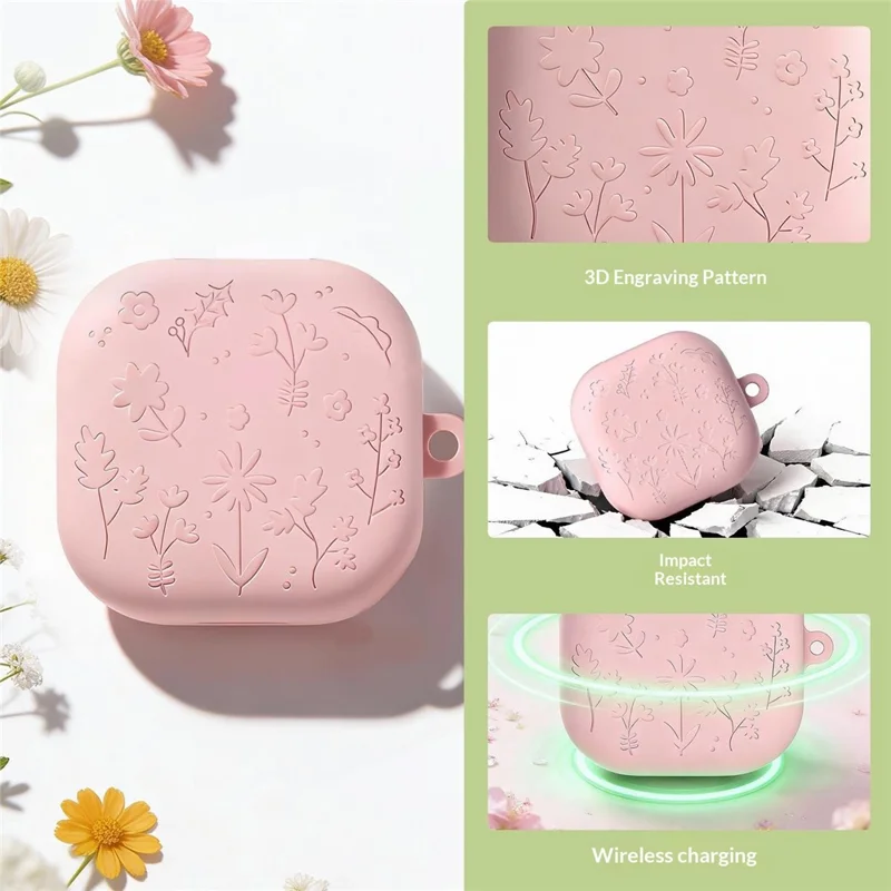 For Samsung Galaxy Buds4 / Buds4 Pro Silicone Case Floral Engraved Earphone Cover with Hanging Hook / Cleaning Pen - Dark Grey