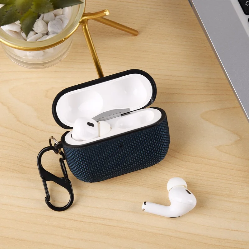 Für Apple AirPods Pro 2 Hülle Wasserdichte Nylon-Ohrhörerabdeckung mit Aufhängeschlaufe - Dunkelblau