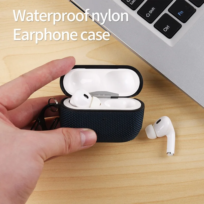 Für Apple AirPods Pro 2 Hülle Wasserdichte Nylon-Ohrhörerabdeckung mit Aufhängeschlaufe - Dunkelblau